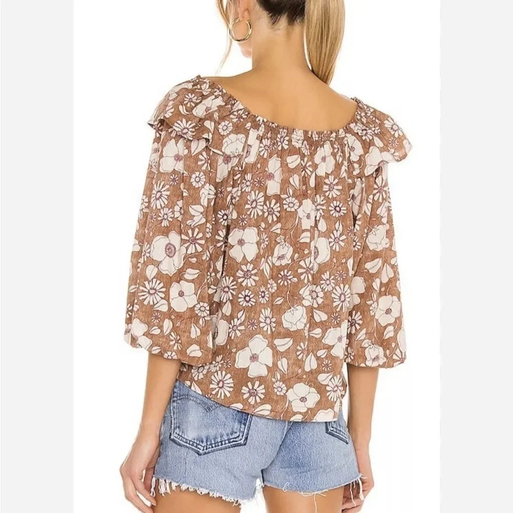 Free People Miss Daisy Floral Printed Top Long Sleeve Off Shoulder Brown Sz L